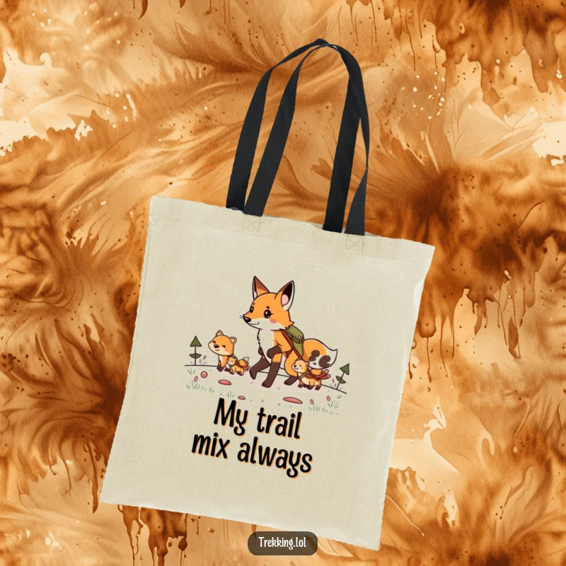 Funny tote bag featuring a determined fox leading a group of smiling animals on a lighthearted and funny hiking trip.